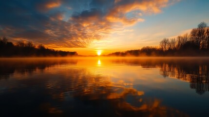 Obraz premium Sunrise reflections over tranquil lake nature scene beautiful landscape serene environment peaceful viewpoint natural beauty