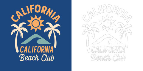 California beach club vector illustration T shirt design with palm tree sun retro typography summer style isolated on white background