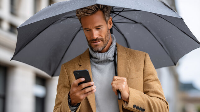 Handsome man with umbrella using smartphone on city street, rainy day
