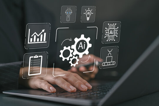 RPA, Robotic process automation concept. Businesswoman use laptop with virtual automation technology to automate business tasks with AI.  Digital transformation and change management.