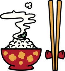 steaming rice in patterned bowl