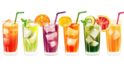 A assortment of refreshing fruit cocktails served in tall glasses. featuring colorful garnishes and ice. set against a clean white background. ideal for beverage marketing and summer promotions