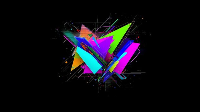 Abstract explosion of vibrant geometric shapes and lines against a black background.