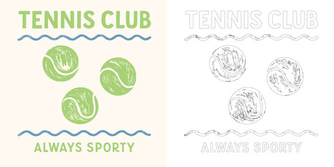 Tennis club vector illustration T shirt design with racket ball retro typography sporty style isolated on white background