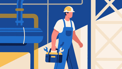 The repairman is carrying a tool bag, cartoon hand-drawn vector illustrations