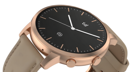 Elegant rose gold smartwatch with black face and tan strap classic luxury timepiece