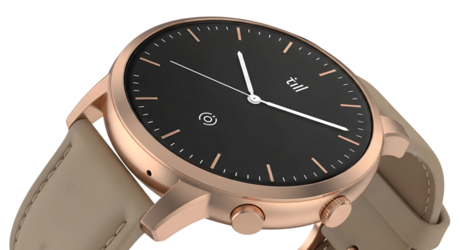 Elegant rose gold smartwatch with black face and tan strap classic luxury timepiece - Powered by Adobe