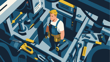The repairman is carrying a tool bag, cartoon hand-drawn vector illustrations