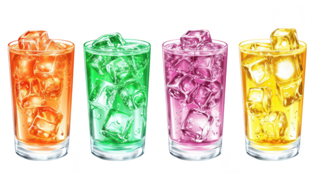 A display of four glasses filled with colorful. refreshing beverages. each containing ice cubes. set against a bright. clean background. perfect for summer-themed promotions