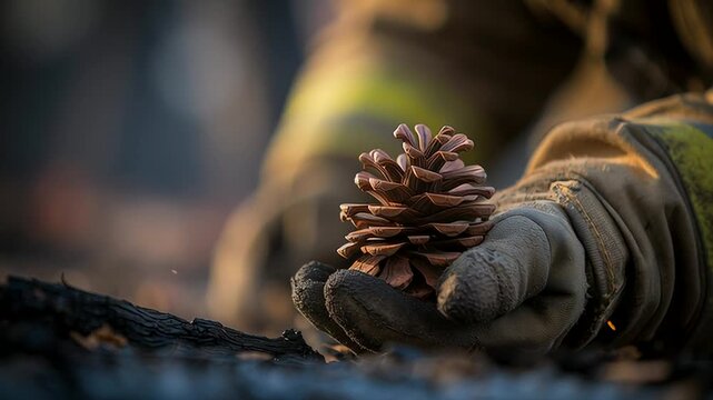 Gloved hand examining pinecone on forest floor nature exploration