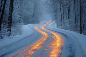 Obraz premium A snowy road with a light shining on it.