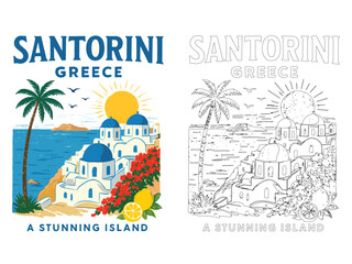 Santorini Greece island vector T shirt design with sea view architecture palm tree retro travel summer illustration