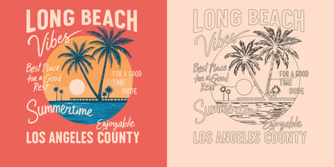 Long Beach vibes Los Angeles vector T shirt design with palm tree sunset surf retro tropical holiday illustration