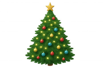 Decorated christmas tree with glowing lights and star topper celebrating winter holidays and festive season, transparent background