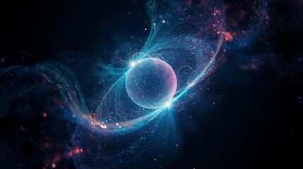 A vibrant nebula surrounds a glowing celestial body, with streams of cosmic dust and light creating an ethereal, otherworldly scene.