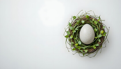 White Egg in Natural Nest on Minimal Background – Symbol of New Life and Simplicity