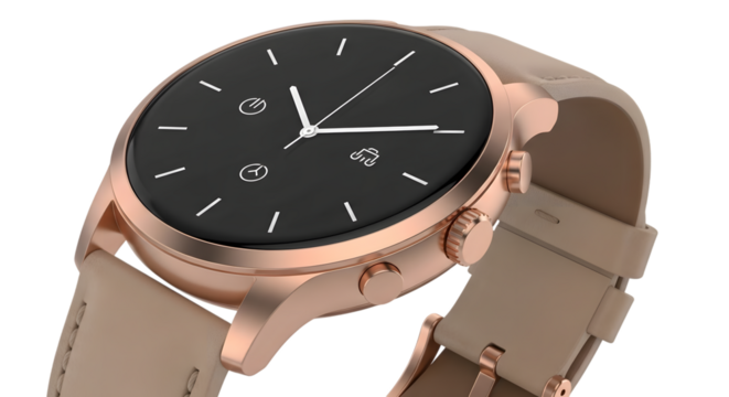 Modern rose gold smartwatch with black face and light brown strap detailed view