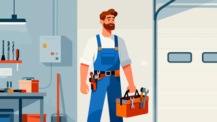 The repairman is carrying a tool bag, cartoon hand-drawn vector illustrations