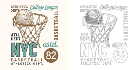NYC basketball college league vector illustration T shirt design with ball hoop retro sports typography style isolated on white background