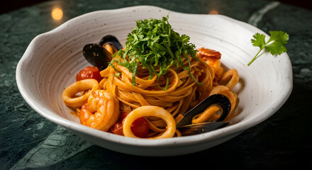 Delicious seafood linguine ready to be served
