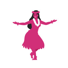 Pink silhouette of hula dancer with flower crown and lei in dance pose