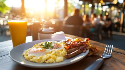 Delicious breakfast spread outdoor dining morning meal scenic restaurant cozy atmosphere inviting view culinary experience