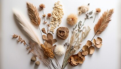 Obraz premium Dried Flowers Arrangement In A Flat Lay Style On A White Background White Background Minimalistic