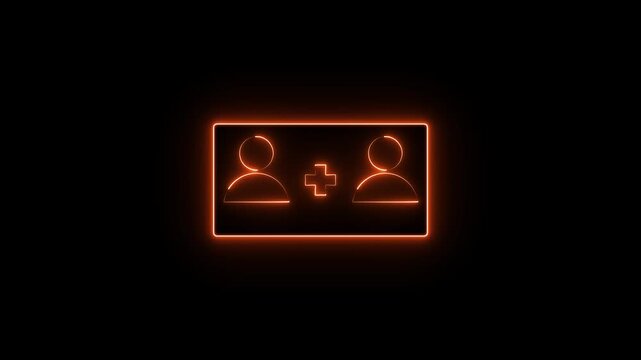 Orange Neon Dual User Icon with Plus Sign on Black Background for Social Media Connections.