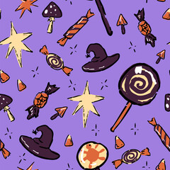 Seamless Halloween pattern with witch hats, magic stars, candies, lollipops, and seasonal treats on a purple background.