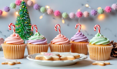 Colorful Christmas cupcakes and sugar cookies display