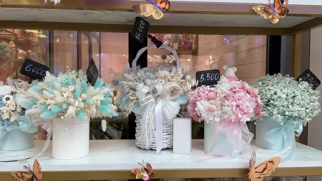 Beautiful compositions of dried flowers in hatboxes in a flower shop