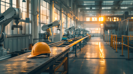 Yellow Safety Helmet on a Workbench while Automated Robots working at Manufacturing Plant