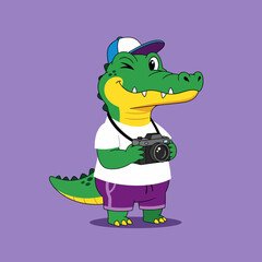 Winking Cartoon Alligator Tourist with Camera and Baseball Cap.