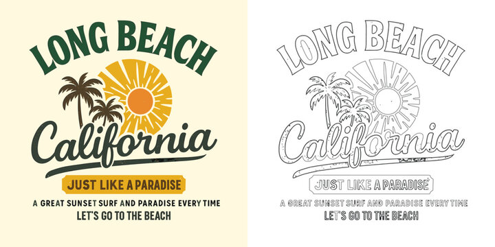 Long beach California vector T shirt design with palm tree ocean sunset surf retro tropical style illustration