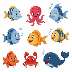 Cartoon Aquatic Animals Smiling Fish Red Octopus Crab and Whale.