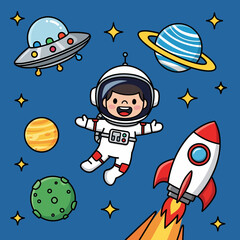 Cartoon Astronaut Floating Among Planets Stars Rocket and UFO in Space.