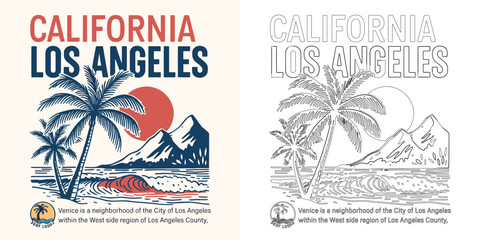 California Los Angeles vector T shirt design with palm tree wave sun retro holiday surf illustration