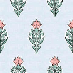 Indian block print seamless pattern with floral element. Simple flower print on light blue.