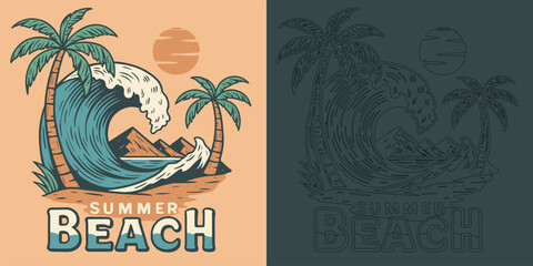 Summer Beach Tropical Wave Palm Surf Ocean Retro T Shirt Design Vector