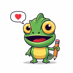 Cartoon Chameleon with Heart Bubble and Pencil Expressing Love for Writing.