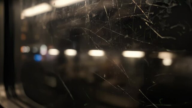 Gritty train window view, blurry city lights passing by.