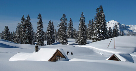Winter hiking trail, Sellamatt, Toggenburg Valley, Switzerland.