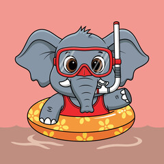 Cartoon Elephant with Snorkel Gear and Floral Inflatable Ring in Water.
