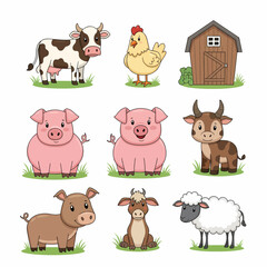 Cartoon Farm Animals and Barn Illustration with Playful Design Elements.