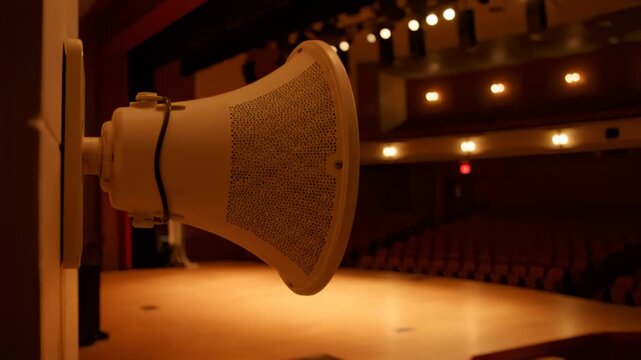 Large auditorium speaker overlooking empty stage and seating area