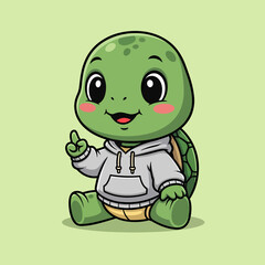 Cartoon Turtle in Hoodie with Upward Pointing Finger and Cheerful Expression.