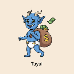 Cartoon Tuyul with Horns Diaper and Sack Full of Money.