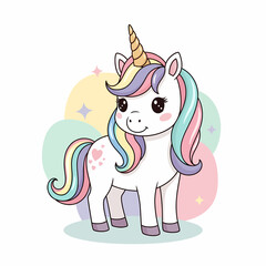 Cartoon Unicorn with Pastel Mane and Hearts Standing with a Gentle Smile.
