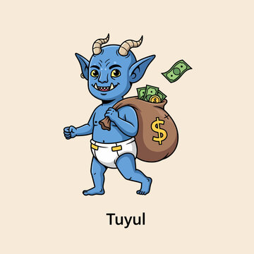 Cartoon Tuyul with Horns Diaper and Sack Full of Money.