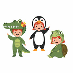 Playful Children Dressed in Alligator Penguin and Turtle Animal Costumes.